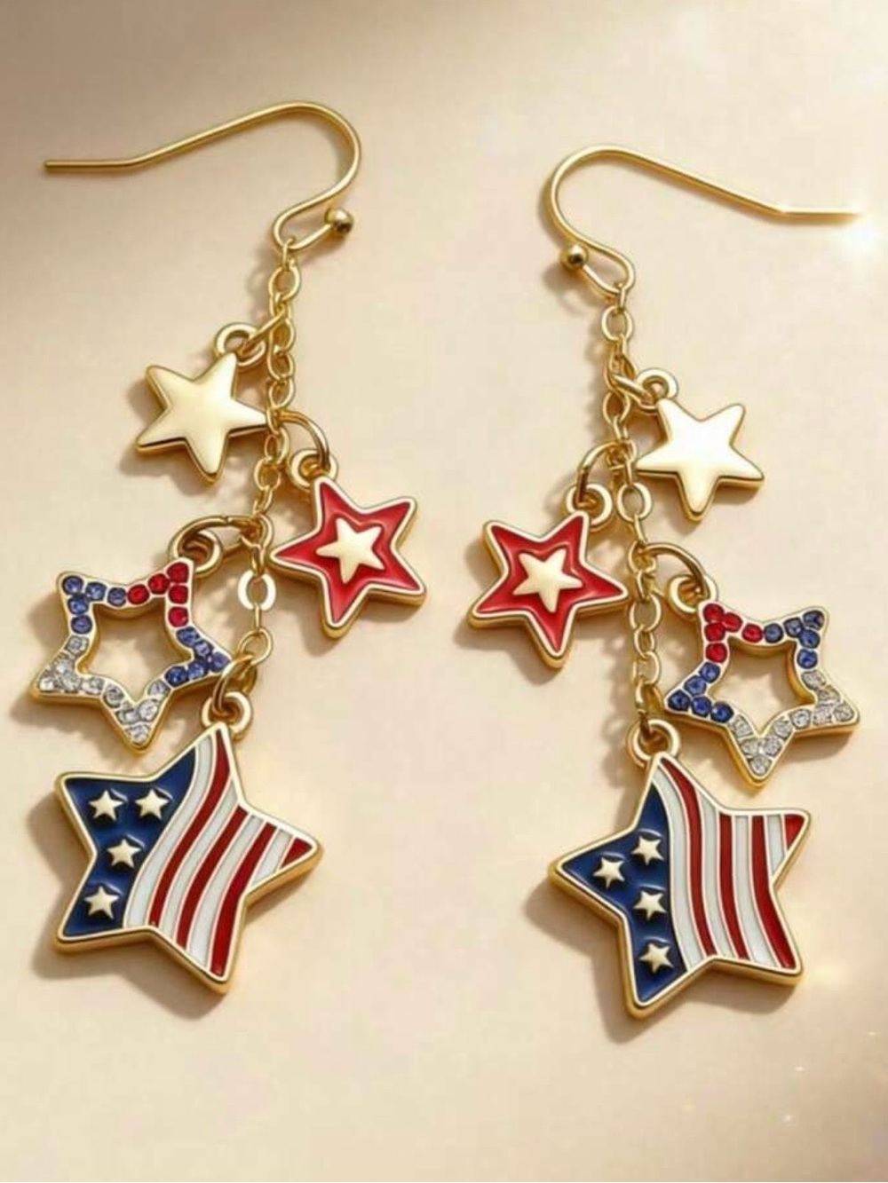 Gold-Tone Patriotic Star Dangle Earrings - Red, White & Blue